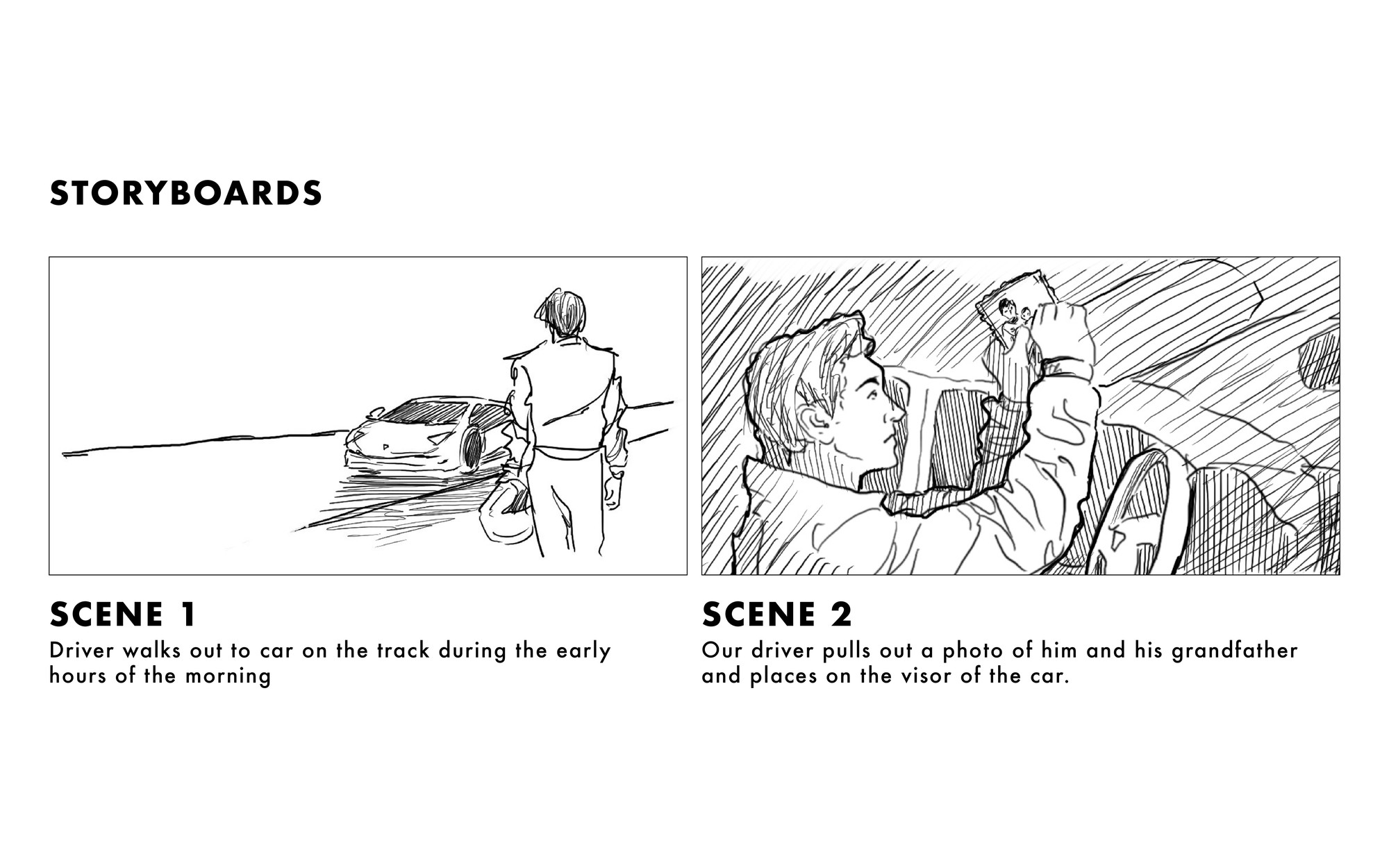Storyboard frames from the Con Amore Eterna treatment, scene 1 and scene 2